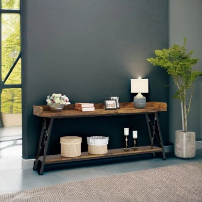Extra Lange Sofa Tafel – Sofa Tafel Achterbank – Sidetable – Banktafel – Industriële Tafel – 180 cm Lang – Rustiek Houten Blad en Metaalframe