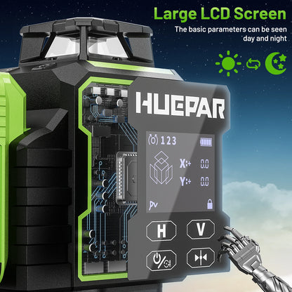 Huepar W03CG Laser Level 3x360 Self Leveling, 3D 12 Lines Bluetoothed Laser Level with Electric Rotating Base ＆ Large LCD Screen