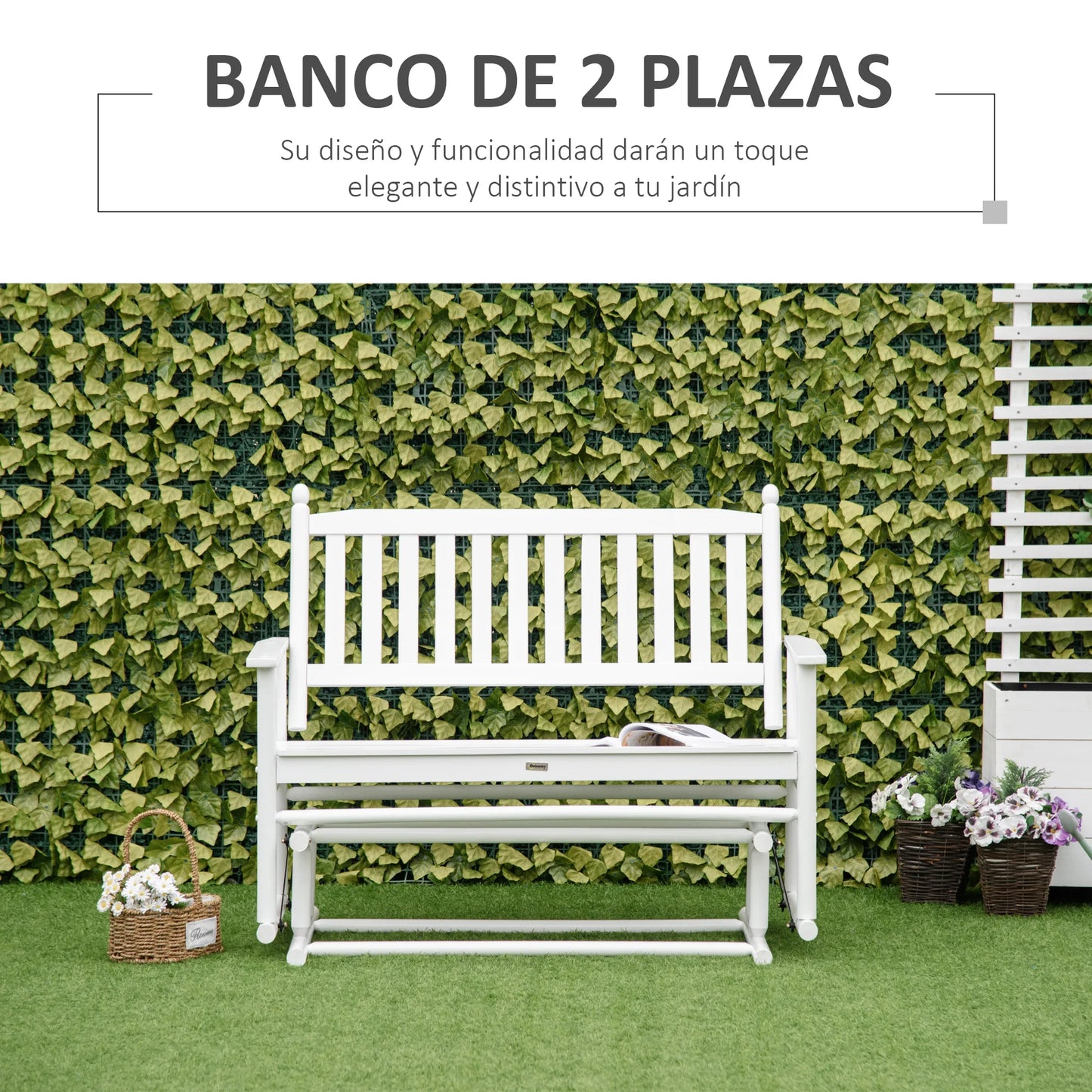Tuin Bank - Tuinbank Hout - Tuinbanken - Garden Furniture - Houten Schommelbank voor Twee Personen met Armleuningen en Lattenzitting - 125x68,5x102 cm - Wit - QUORE