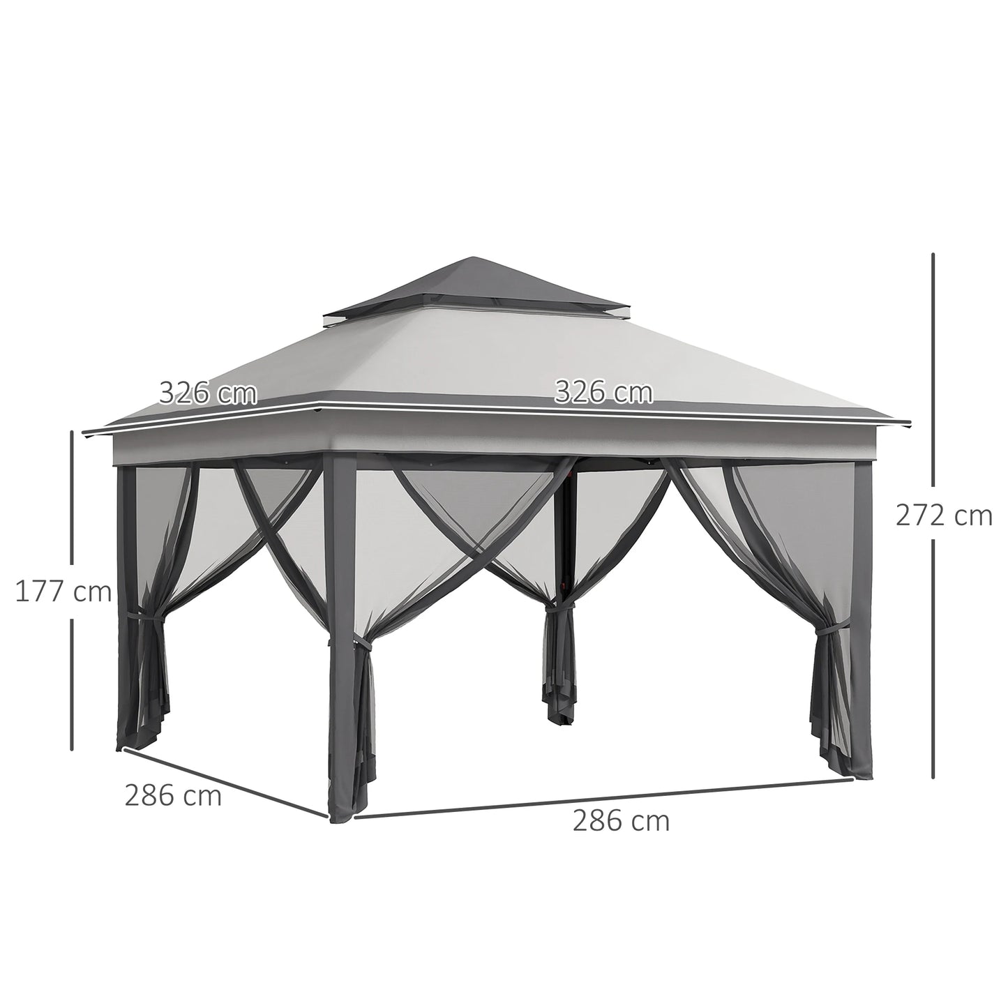 Paviljoen - Tuinpaviljoen - Partytent - Tuintent - Pop-up Kliksysteem - Stabiel - Vouwtent - met Mesh Cover - Draagtas - Opvouwbaar - Waterdicht - Winterbestendig - 50+UV-Bescherming - voor Tuin - Buiten - Achtertuin - 326 x 326 x 272 cm - Grijs - QUORE