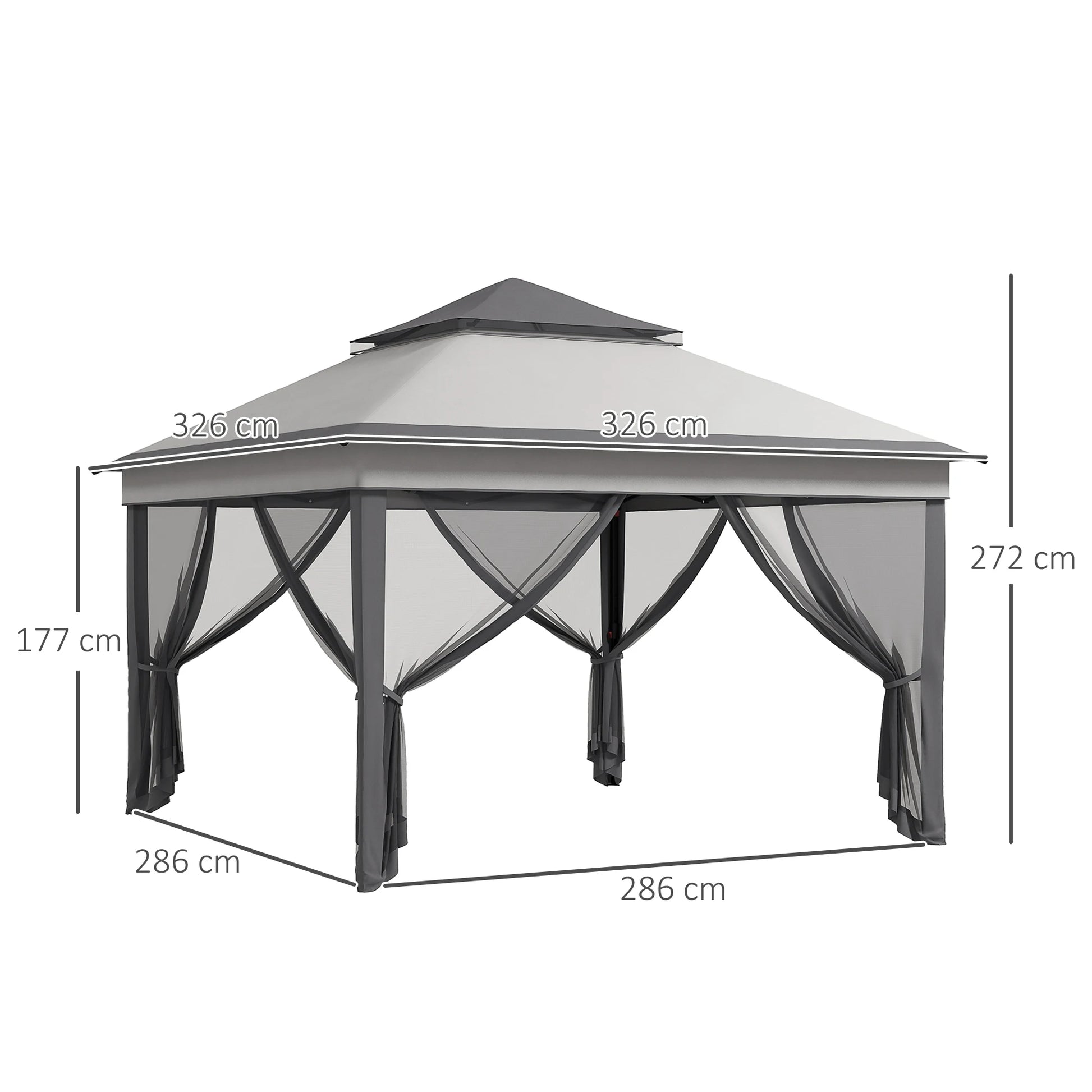 Paviljoen - Tuinpaviljoen - Partytent - Tuintent - Pop-up Kliksysteem - Stabiel - Vouwtent - met Mesh Cover - Draagtas - Opvouwbaar - Waterdicht - Winterbestendig - 50+UV-Bescherming - voor Tuin - Buiten - Achtertuin - 326 x 326 x 272 cm - Grijs - QUORE