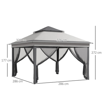 Paviljoen - Tuinpaviljoen - Partytent - Tuintent - Pop-up Kliksysteem - Stabiel - Vouwtent - met Mesh Cover - Draagtas - Opvouwbaar - Waterdicht - Winterbestendig - 50+UV-Bescherming - voor Tuin - Buiten - Achtertuin - 326 x 326 x 272 cm - Grijs - QUORE
