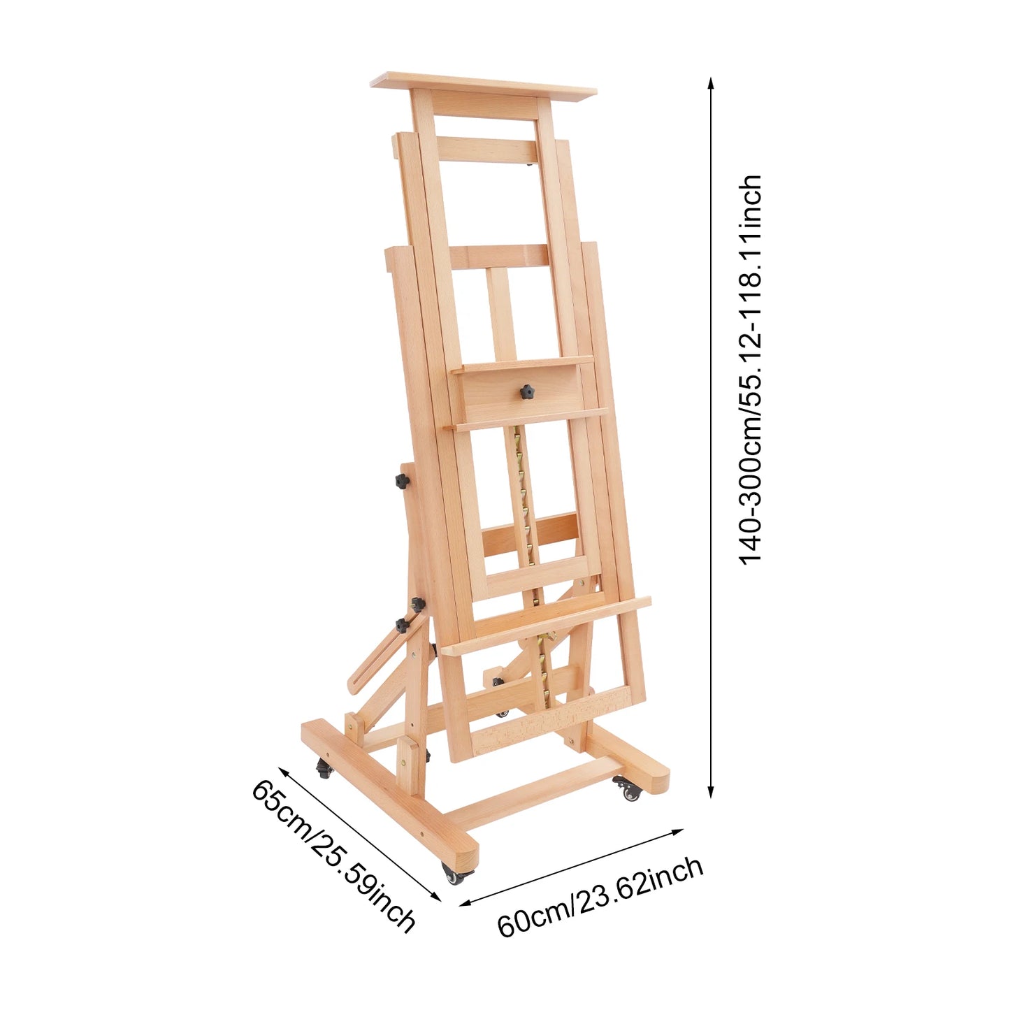 Houten schildersezel – Kunstenaars ezel – Teken ezel – Schilderij standaard – Atelier ezel – Verstelbaar 140-300 cm – Inclusief wielen met remmen