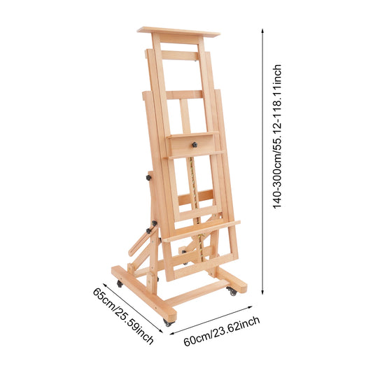 Houten schildersezel – Kunstenaars ezel – Teken ezel – Schilderij standaard – Atelier ezel – Verstelbaar 140-300 cm – Inclusief wielen met remmen