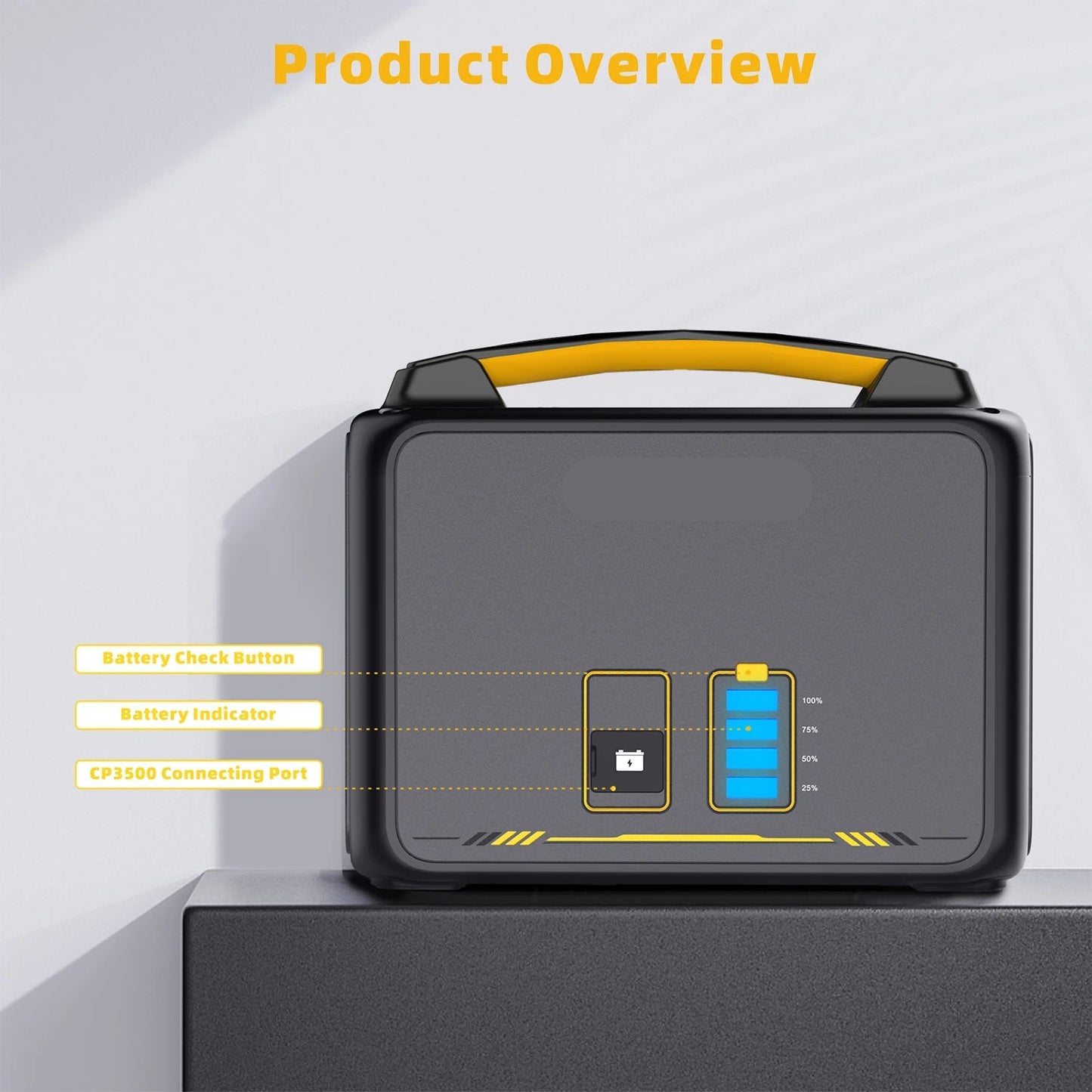Powerstation - Stroomgenerator - Mini-Generator - Draagbare - Krachtcentrale - LiFePO4 Batterij - voor Thuis - Tenten - Buiten - Kamperen - 640Wh - 600W - 3500 mAh - 26 x 22 x 21.5 cm - Zwart/Geel