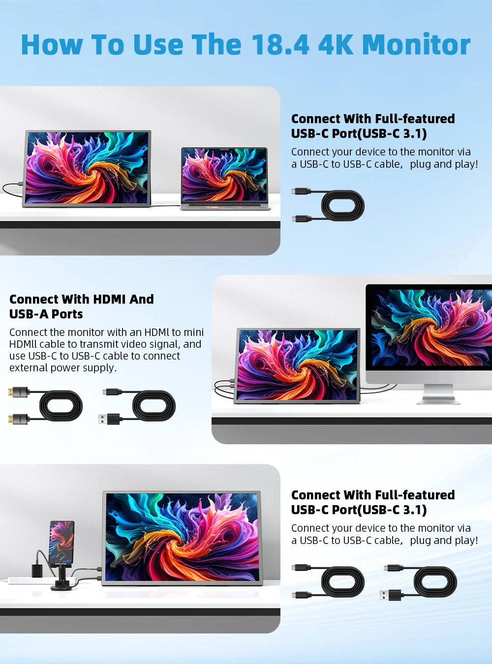 18,4 inch draagbare monitor – portable scherm – extern beeldscherm – gaming display – 4K QLED scherm – ultradun design – haarscherpe 4K-resolutie – AMD FreeSync ondersteuning - QUORE
