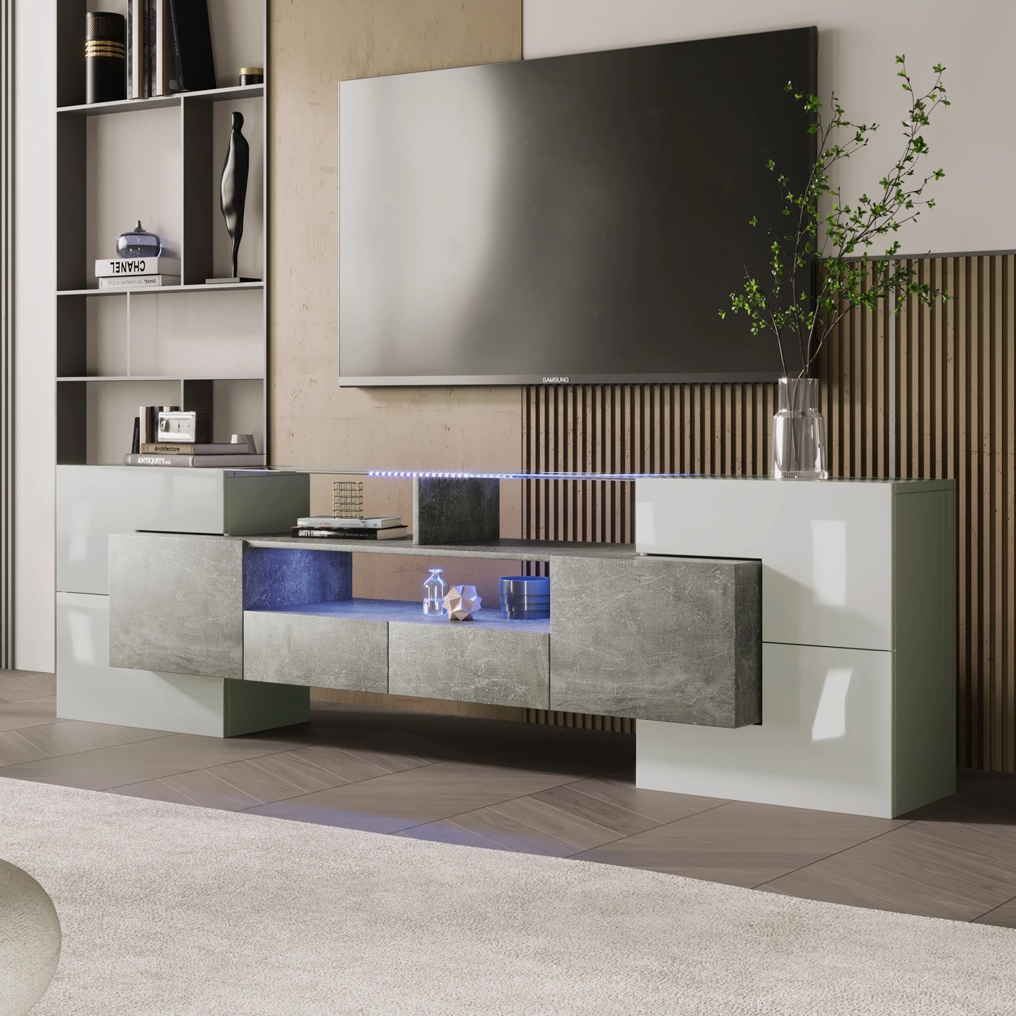 Tv-Meubel – Tv-Kastje – Tv-Dressoir – Meubel – Hoogglans Wit – Ingebouwde LED-Verlichting – 200 Cm Breed
