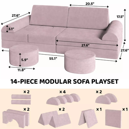 Zetel - Kinderbank - Kinderzetel - Bankje - Bank - Modulaire - Sectie Sofa - Fortplay Meubel - voor Slaapkamer en Speelkamer – Converteerbare Schuim & Vloerkussen - Oranje