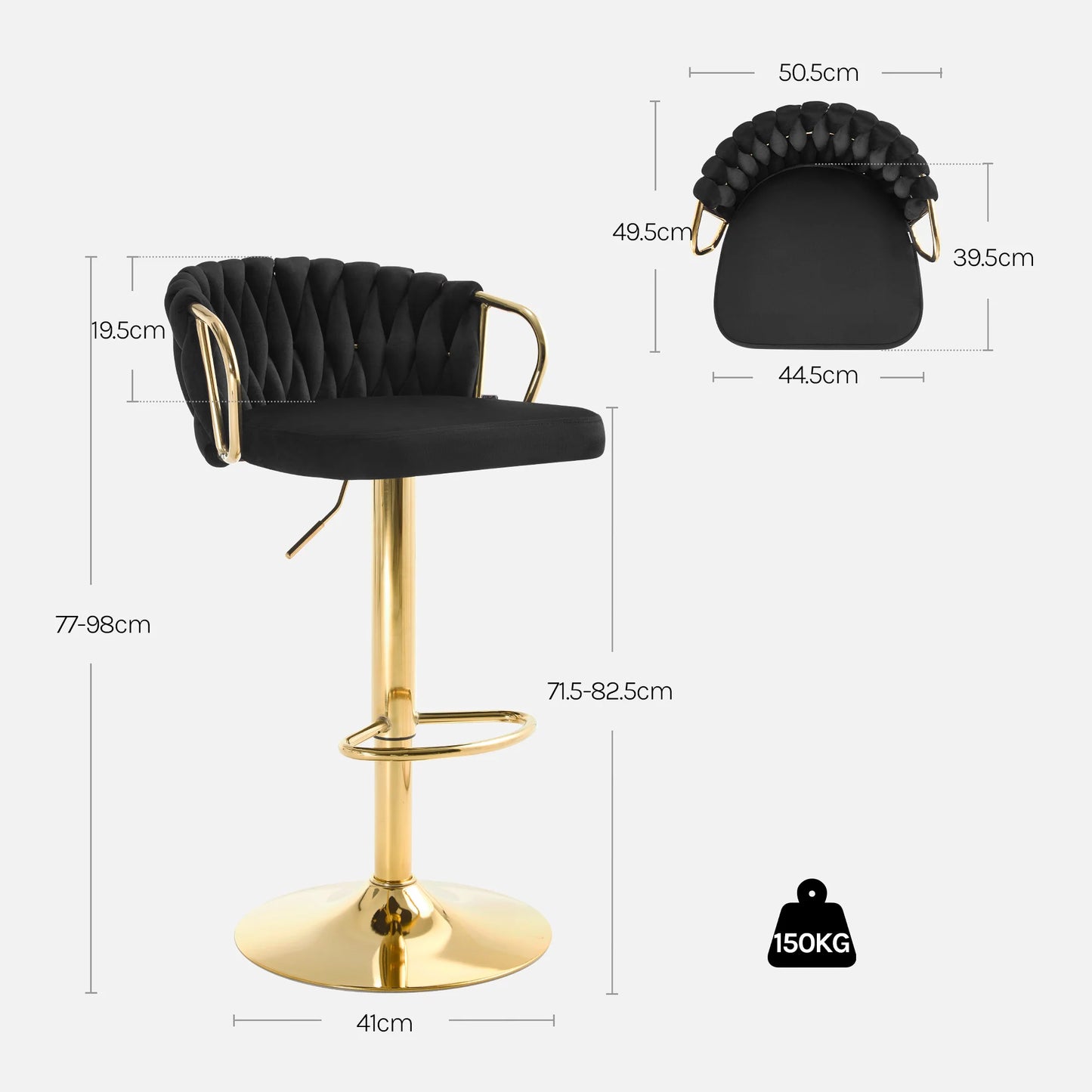 WOLTU 2PCS Velvet Bar Stool Height Adjustable Bar Chair with Braided Backrest 360° Rotatable Kitchen Stool with Metal Footrest