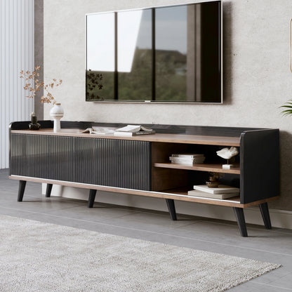 Tv-Kast – Tv-Meubel – Tv-Dressoir – Tv-Stand – 2 Lades – Schuifdeuren – Zwart Met Houtkleur-  160 x 40 x 58 cm