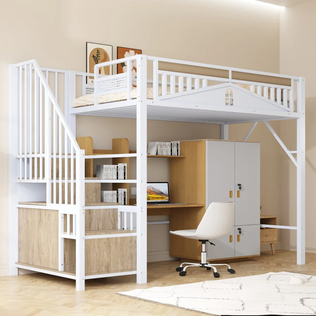 Hoogslaper – Kinderbed – Stapelbed – Eenpersoonsbed – Mezzaninebed – 90x200 cm – Massief Grenenhout – LED-verlichting Met Bureau & Opbergruimte