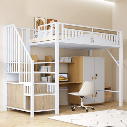 Hoogslaper – Kinderbed – Stapelbed – Eenpersoonsbed – Mezzaninebed – 90x200 cm – Massief Grenenhout – LED-verlichting Met Bureau & Opbergruimte