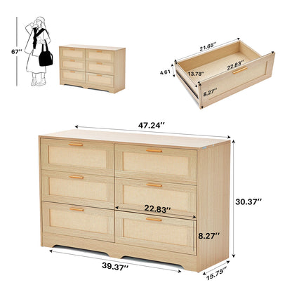 Ladekast – Opbergmeubel – Ladekasten – Opbergkast – Rattan Afwerking – 6 Ruime Lades – MDF Hout - 100 x 40 x 75 cm - Natuurlijk