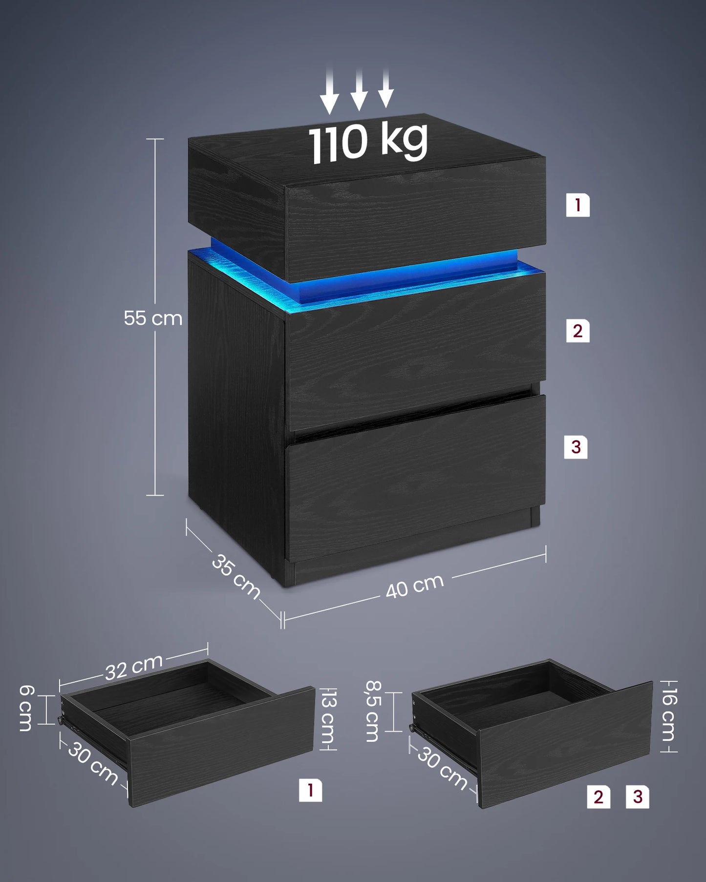 Nachtkastje - Bijzettafel - Salontafel - met LED Verlichting - Kast met 3 Lades - Moderne - Verstelbare Kleuren & Modus – voor Slaapkamer - Woonkamer - Kantoor - Zwart - QUORE
