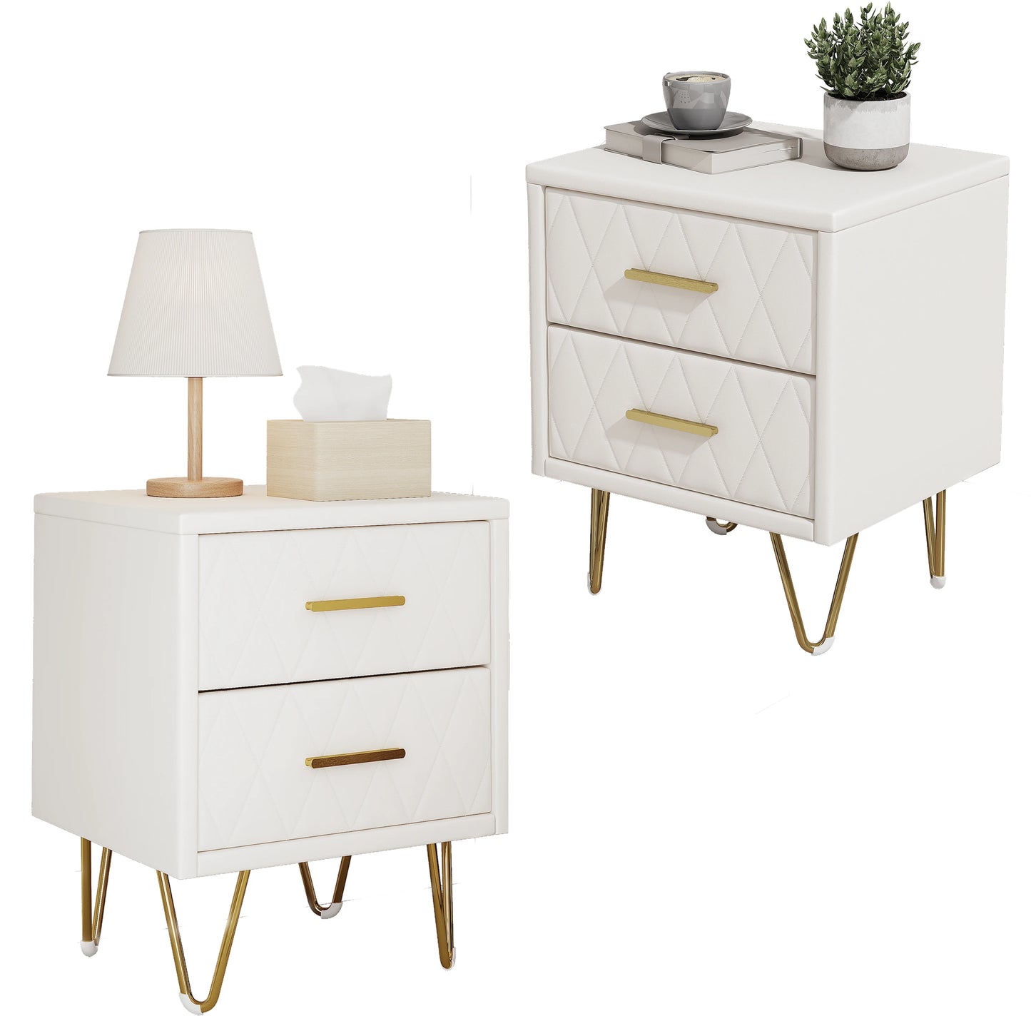 Nachtkastje – Bedside Table – Nachtkastje Set – Slaapkamer Kastje – Beige – 2 Lade Opbergruimte – Gouden Metalen Poten – PU Bekleding – 41x35,5x51 cm