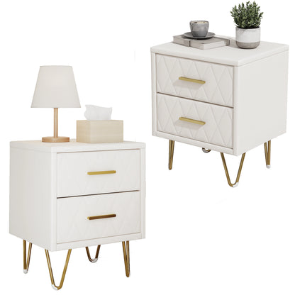 Nachtkastje – Bedside Table – Nachtkastje Set – Slaapkamer Kastje – Beige – 2 Lade Opbergruimte – Gouden Metalen Poten – PU Bekleding – 41x35,5x51 cm