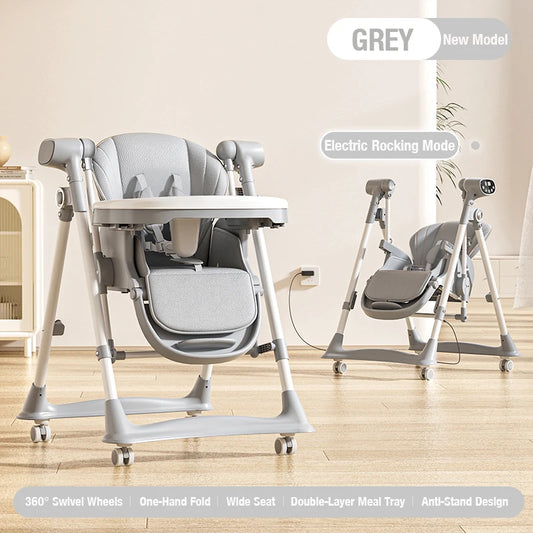 3-in-1 Baby Feeding Dining High Chair with Smooth Electric Swing and Convertible Reclining Bed Seat for Comfortable Eating Sleep