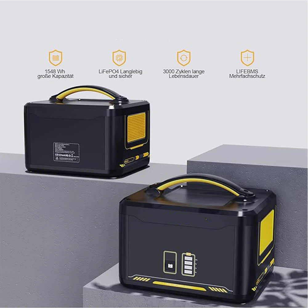 Powerstation - Stroomgenerator - Mini-Generator - Draagbare - met extra batterij - 1548 Wh - LiFePO4 - 3500 mAh - -20°C to 55°C - voor Thuis - Tenten - Buiten - Kamperen - 36 x 27 x 28 cm - Zwart/Geel