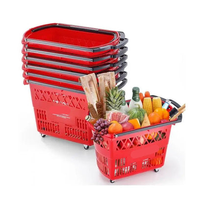 Winkelmandje - Winkelmand - Winkelwagen - Winkelkar - op Wieltjes - 39L Inhoud met Handgreep voor Supermarkten en Winkels - Boodschappentrolley - Boodschappenwagen - Set van 6 - Rood