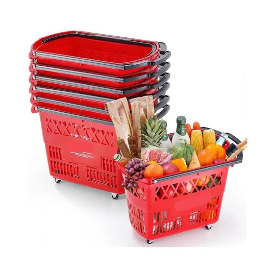 Winkelmandje - Winkelmand - Winkelwagen - Winkelkar - op Wieltjes - 39L Inhoud met Handgreep voor Supermarkten en Winkels - Boodschappentrolley - Boodschappenwagen - Set van 6 - Rood