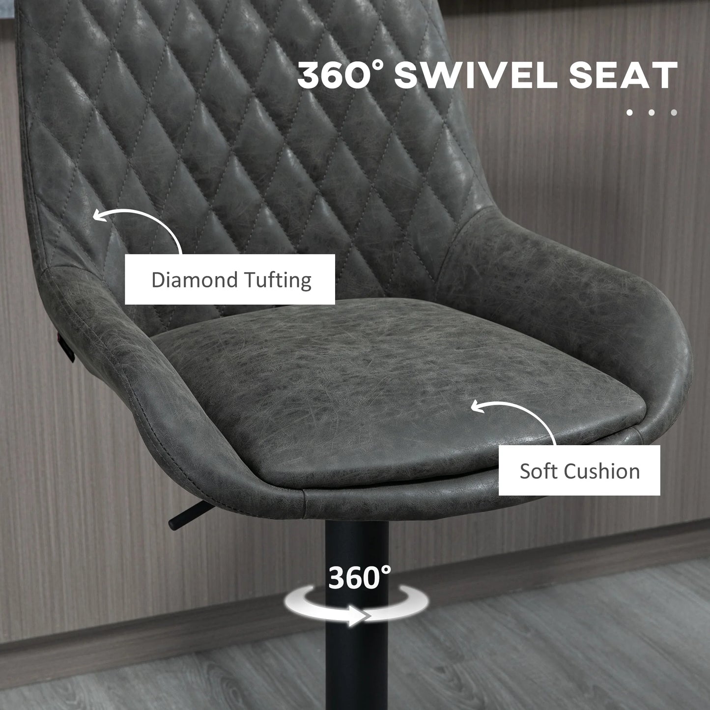 Barstoel – Barkruk – Keukenstoel – Barstoel Verstelbaar – Met Kunstleren Zitting – 360° Draaibaar – Gepoedercoat Stalen Frame - 51 x 59 x 97-117 cm - Donkergrijs