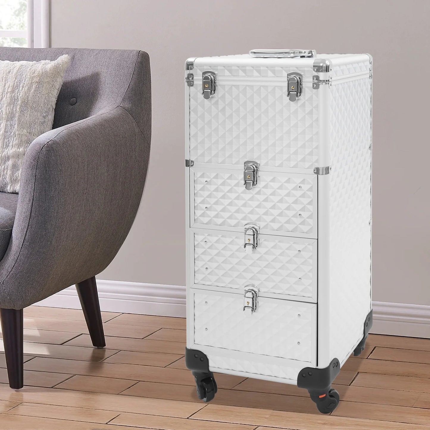Salon Trolley – Make-up Trolley – Beauty Trolley – Opbergwagen – Kist Met Lades – Zilver – Duurzaam Aluminium – 3 Lades Met Slot