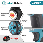 Yofrida Heteluchtpistool - Verf afbrander - 2000W - temperatuurstanden – Stationair - functie - Ophangbeugel - Inclusief - 2 batterijen - Koffer - Hot air gun - QUORE