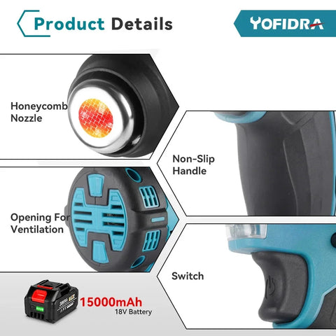 Yofrida Heteluchtpistool - Verf afbrander - 2000W - temperatuurstanden – Stationair - functie - Ophangbeugel - Inclusief - 2 batterijen - Koffer - Hot air gun - QUORE