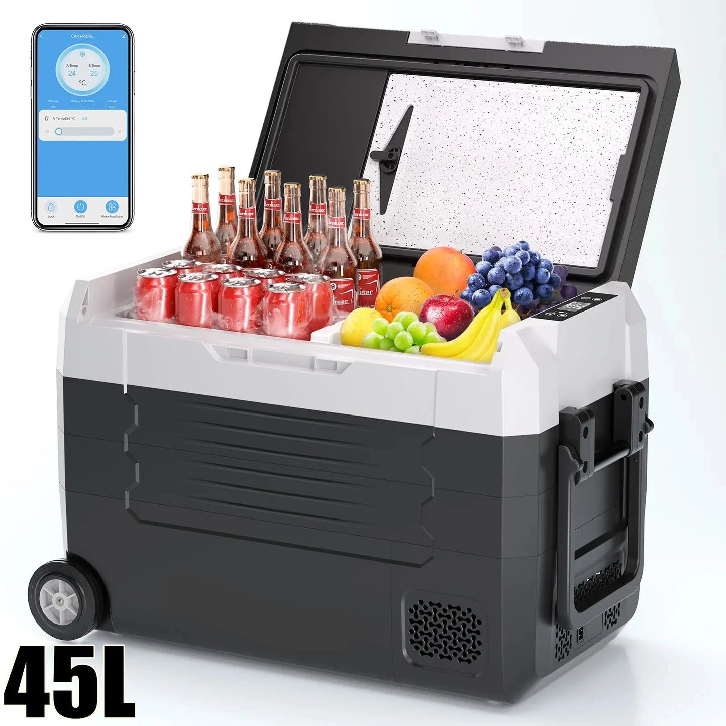 Elektrische Koelbox - Refrigerator - Frigobox - Vriezer - Auto Koelkast - Compressor Koelbox - 45L - Dual Zone Vriezer & Koeler - 12V / 24V DC, 100-240V AC - met Wielen en App-bediening - Voor Camping en Reizen - QUORE