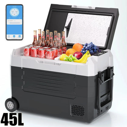 Elektrische Koelbox - Refrigerator - Frigobox - Vriezer - Auto Koelkast - Compressor Koelbox - 45L - Dual Zone Vriezer & Koeler - 12V / 24V DC, 100-240V AC - met Wielen en App-bediening - Voor Camping en Reizen - QUORE
