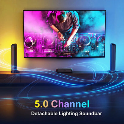Soundbar - Soundbars voor TV en Theater - Soundbar met Subwoofer - 5.0ch - Sound Bar voor Smart TV - PC - Met RGB-verlichting - Afneembare - Met App-bediening - HDMI - ARC - OPT - AUX - EU Stekker -  Zwart - QUORE
