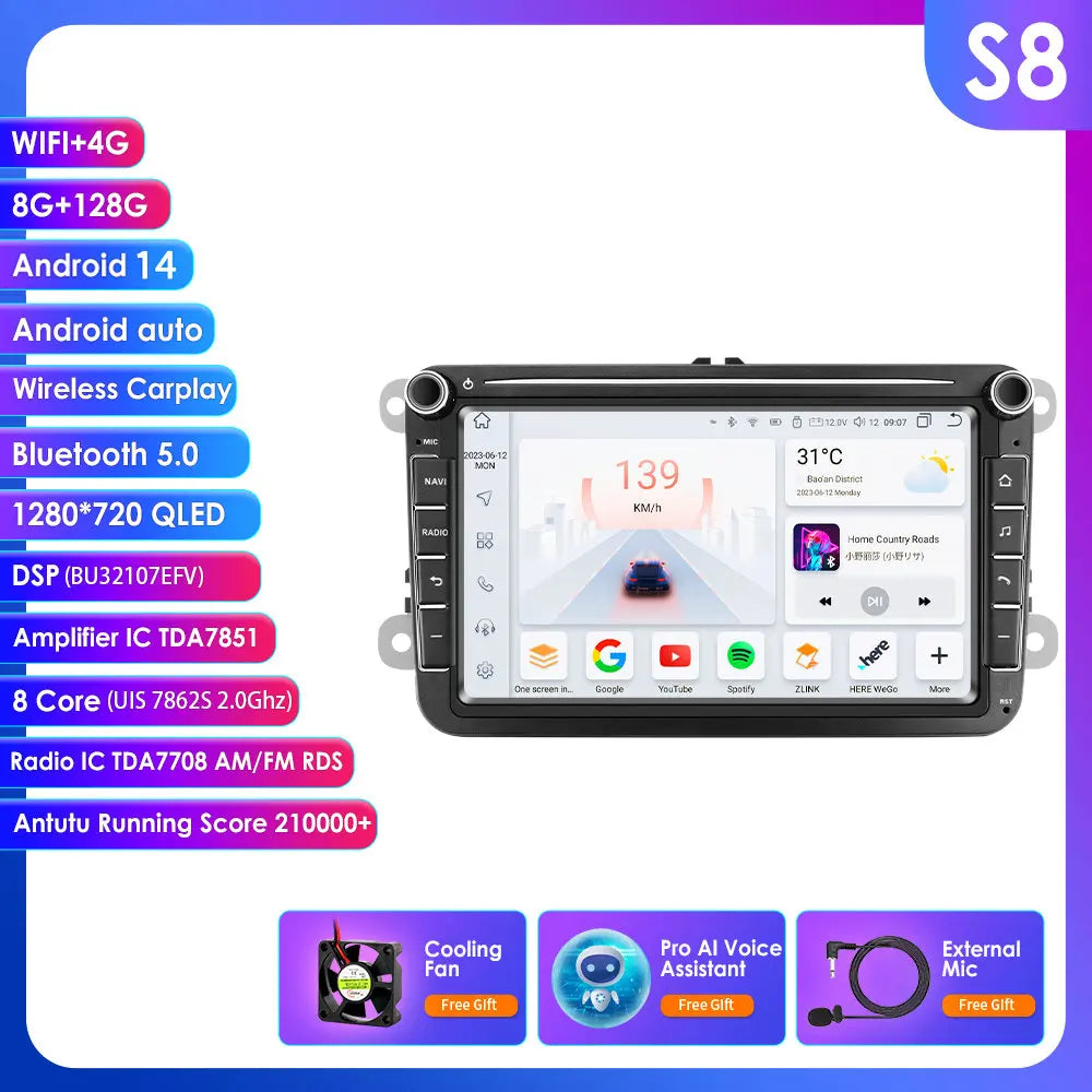 Autonavigatie – Auto Radio – Multimedia Systeem – Android Car Audio – GPS Navigatie – 8 Inch QLED Touchscreen – 4GB RAM 64GB Opslag