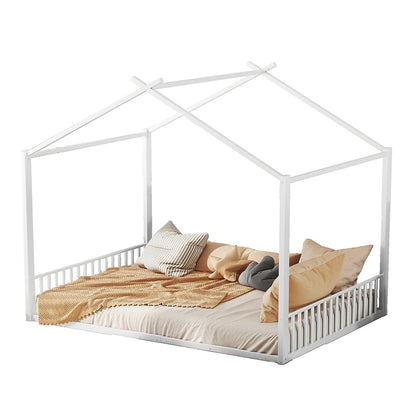 Kinderbed – Kinderbedden – Peuterbed – Vloerbed – Huisbed – Wit – 140x200 cm – Met Stabiel Metalen Frame – Uniek Huisvormig Design