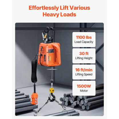 SucceBuy 3-in-1 1100Lbs Electric Hoist Winch 1500W Portable Power Winch 30 ft Lifting Height for Garage Warehouse Factory Towing