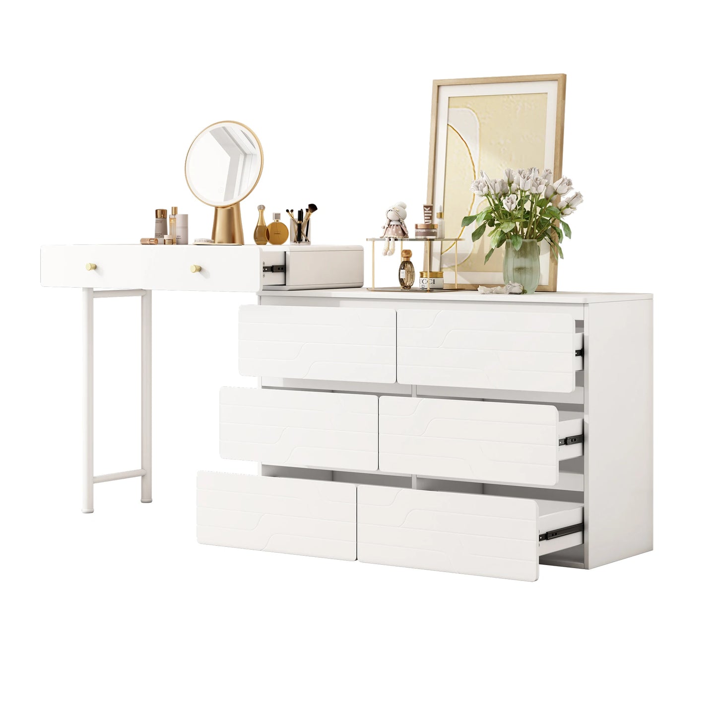 Kaptafel (Zonder Stoel en Spiegel) - Wit - Inclusief Uittrekbare Ladekast - Opbergkast 1804085cm - Drie Niveaus - Zes Lades - QUORE
