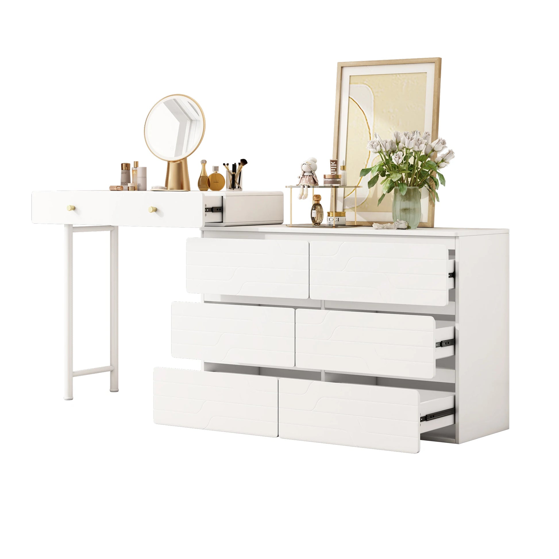 Kaptafel (Zonder Stoel en Spiegel) - Wit - Inclusief Uittrekbare Ladekast - Opbergkast 1804085cm - Drie Niveaus - Zes Lades - QUORE