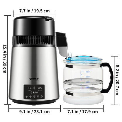 Vevor - Waterdestilleerder - Maak zuiver water - Automatische distilleerder - Filter - 4L - 304 roestvrij staal - 750W - 220V - 50Hz - Zilver - QUORE