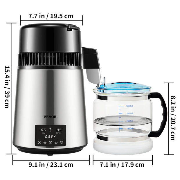 Vevor - Waterdestilleerder - Maak zuiver water - Automatische distilleerder - Filter - 4L - 304 roestvrij staal - 750W - 220V - 50Hz - Zilver