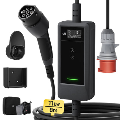 Draagbare Ev-Lader – Mobiele Oplader – Elektrische Auto Kabel – Type 2 Laadkabel – 8 Meter Kabellengte – Krachtig 11KW 3-Fasen – Flexibel Weerbestendig - QUORE