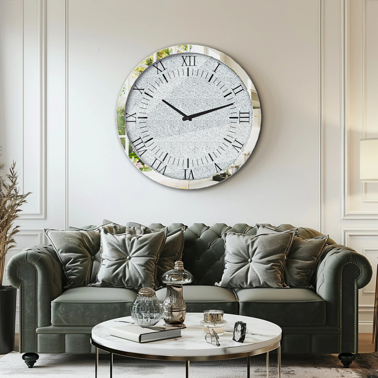 Ronde Wandklok – Kristallen Klok – Spiegelklok – Diamant Effect Klok – Zilveren Wandklok – Quartz Uurwerk – 60 cm Diameter