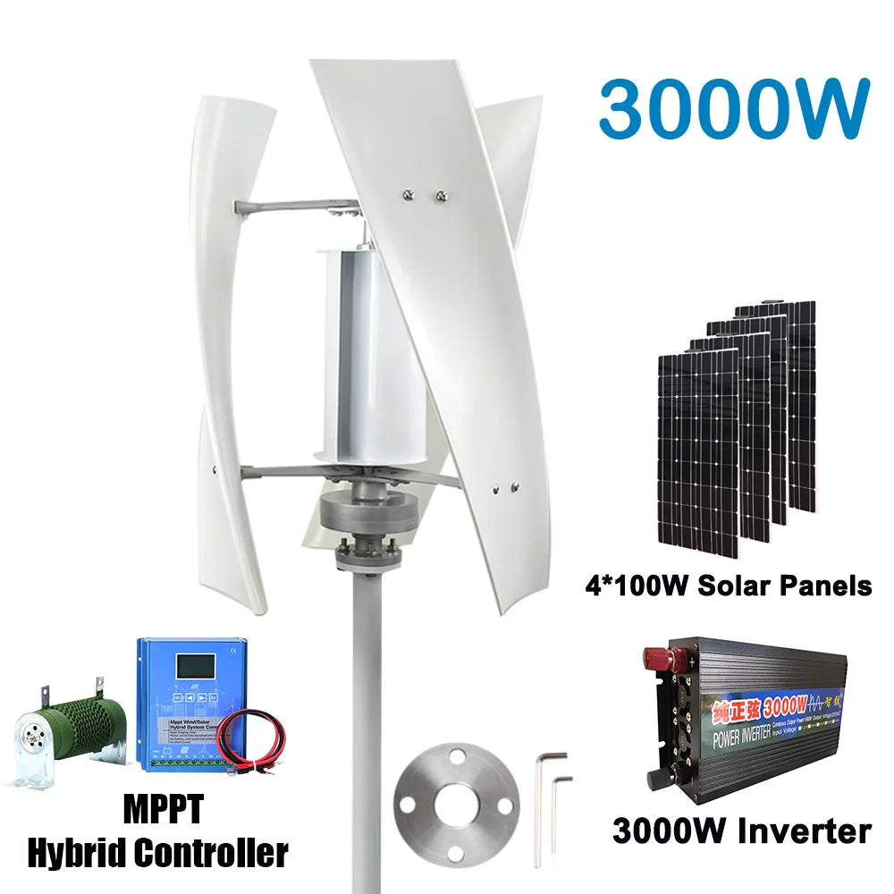 Windturbine – Windgenerator – Windmolen – Duurzame Energie – 3000W Vermogen – Aluminium Behuizing - Wit - 12V - Met Zonnestelsel