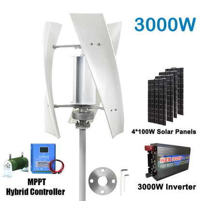 Windturbine – Windgenerator – Windmolen – Duurzame Energie – 3000W Vermogen – Aluminium Behuizing - Wit - 12V - Met Zonnestelsel