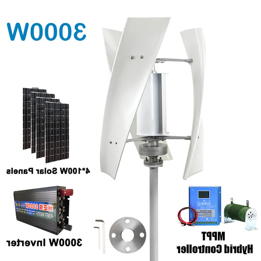 Windturbine – Windgenerator – Windmolen – Duurzame Energie – 3000W Vermogen – Aluminium Behuizing - Wit - 48V - Met Zonnestelsel