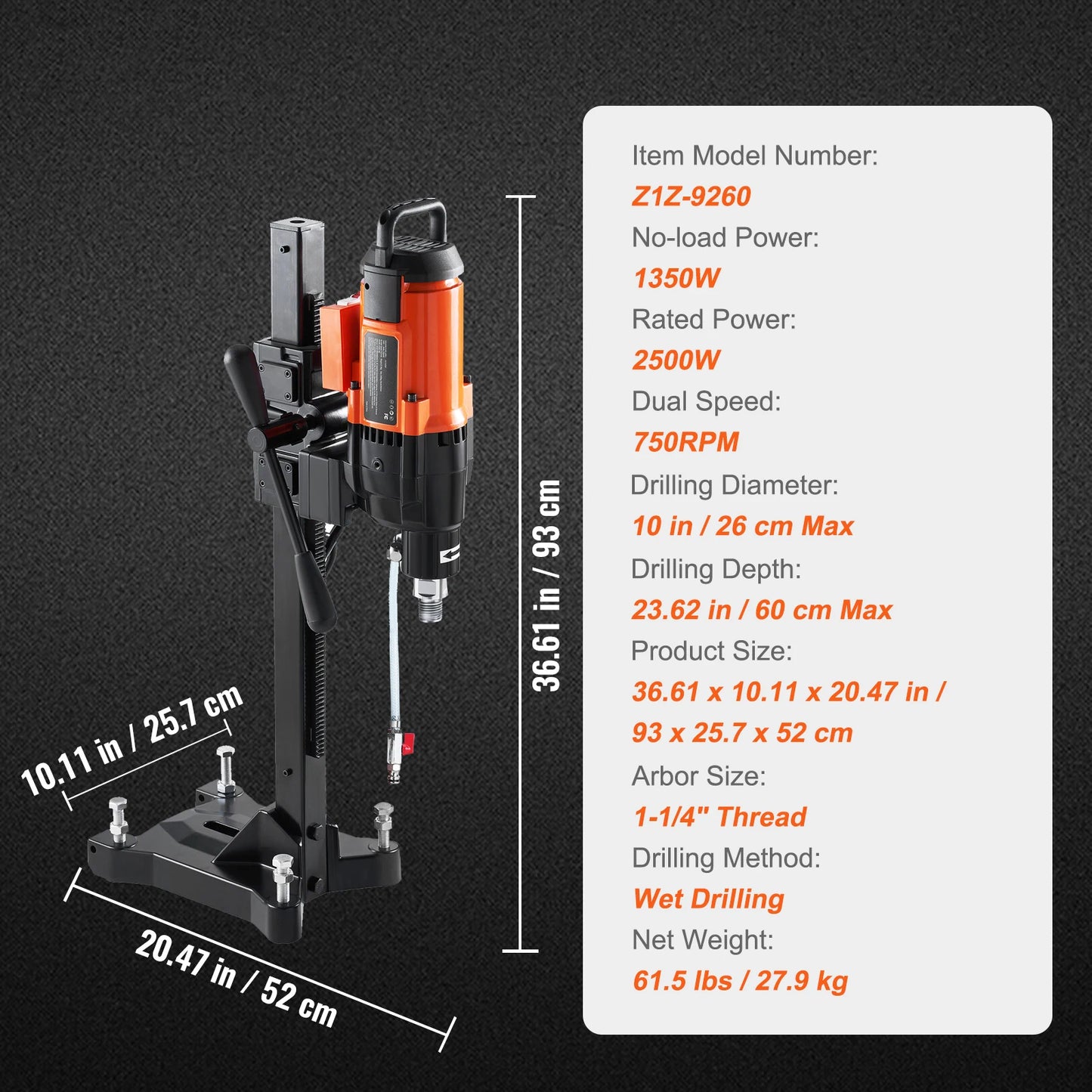 SucceBuy 2500W Diamond Core Drilling Machine 10in Wet Concrete Core Drill Rig Stand Wheels 750RPM Speed 10in Drilling Diameter