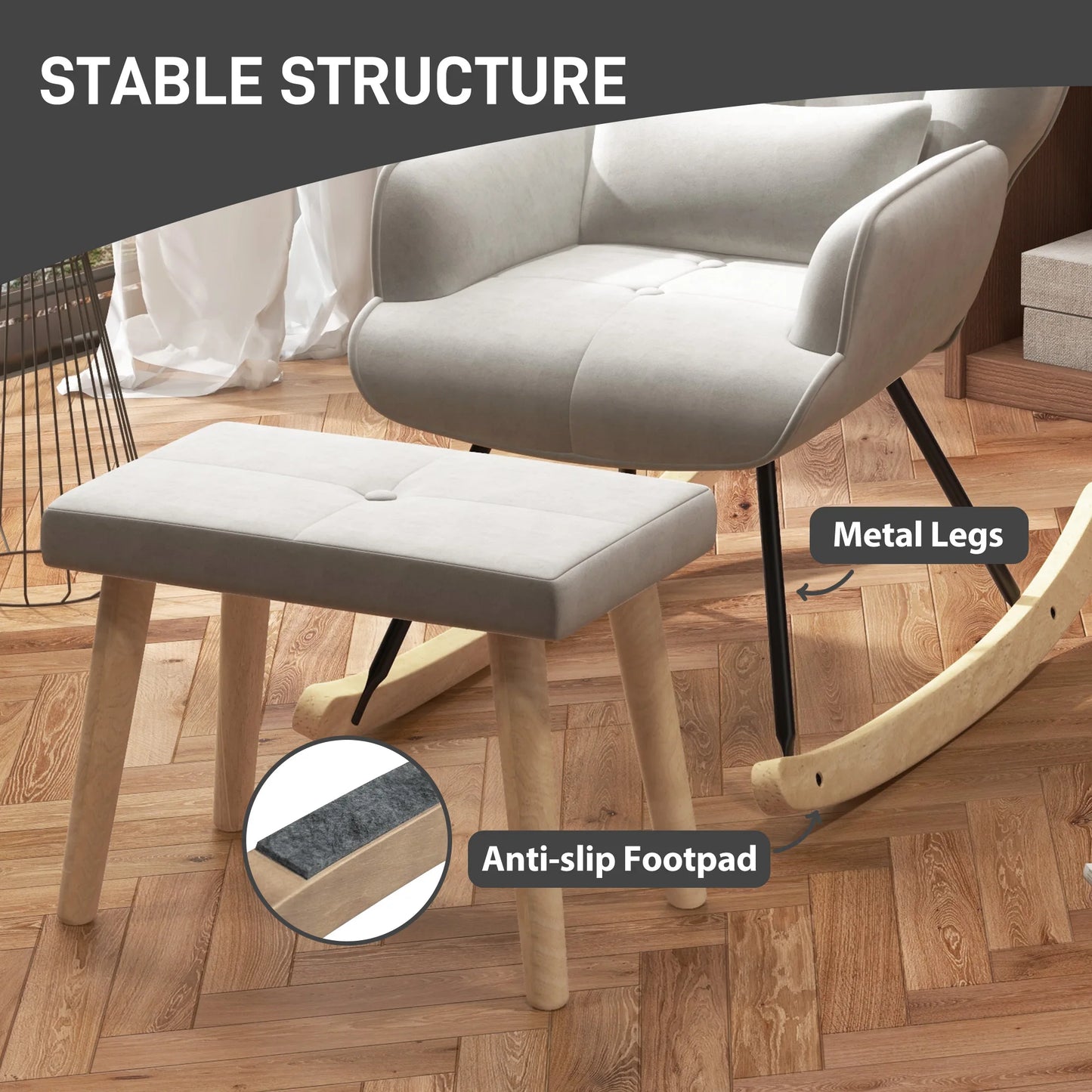 Relaxfauteuil – Relaxstoel – Schommelstoel – Fauteuil Met Voetenbank – Fluweel Crème – Rubberhout – Schommelende Beweging