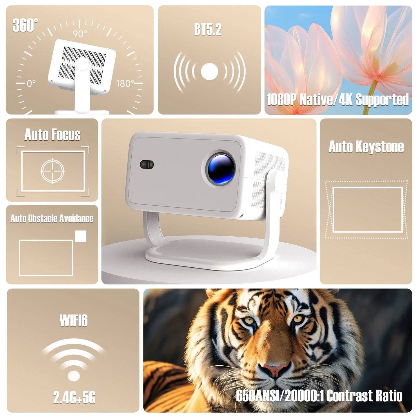 Mini Beamer - Projector - Digitale Beamer - Draagbaar - 1080P - Full HD Projector - Met Auto Focus - 650ANSI - Android System - Wit