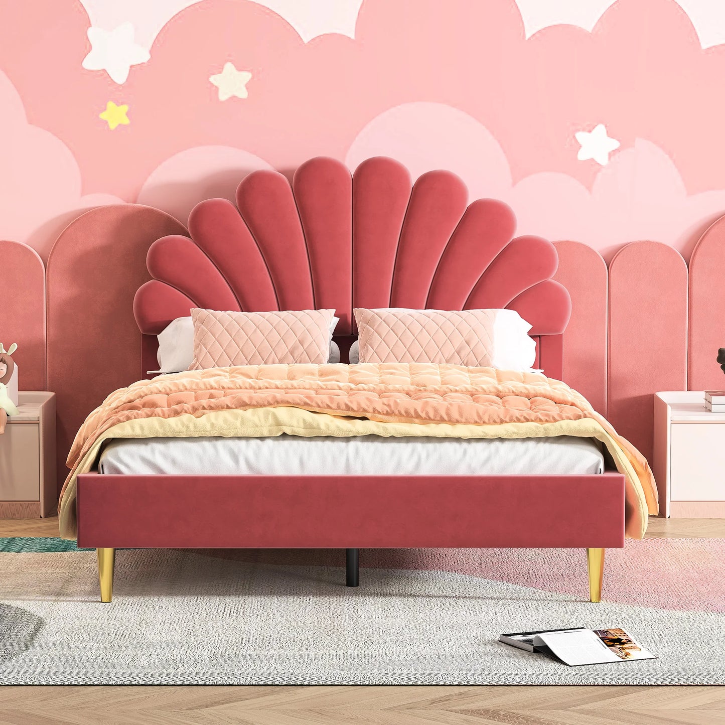 Bedbank – Kinderbed – Slaapbank – Tweepersoonsbed – Gestoffeerd Bed – 140x200 cm – Fluwelen Bekleding – Bloemvormig Hoofdbord - QUORE