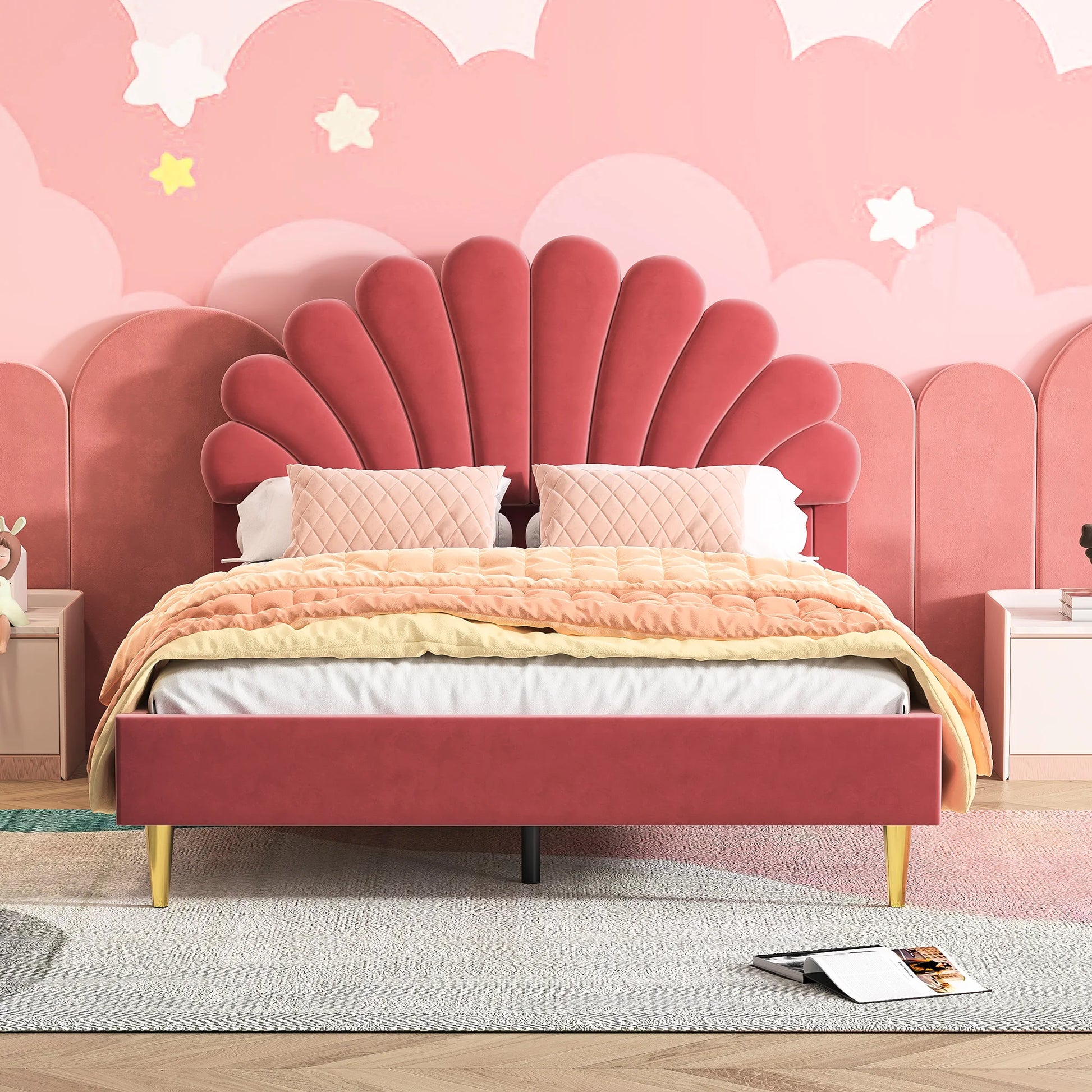 Bedbank – Kinderbed – Slaapbank – Tweepersoonsbed – Gestoffeerd Bed – 140x200 cm – Fluwelen Bekleding – Bloemvormig Hoofdbord - QUORE