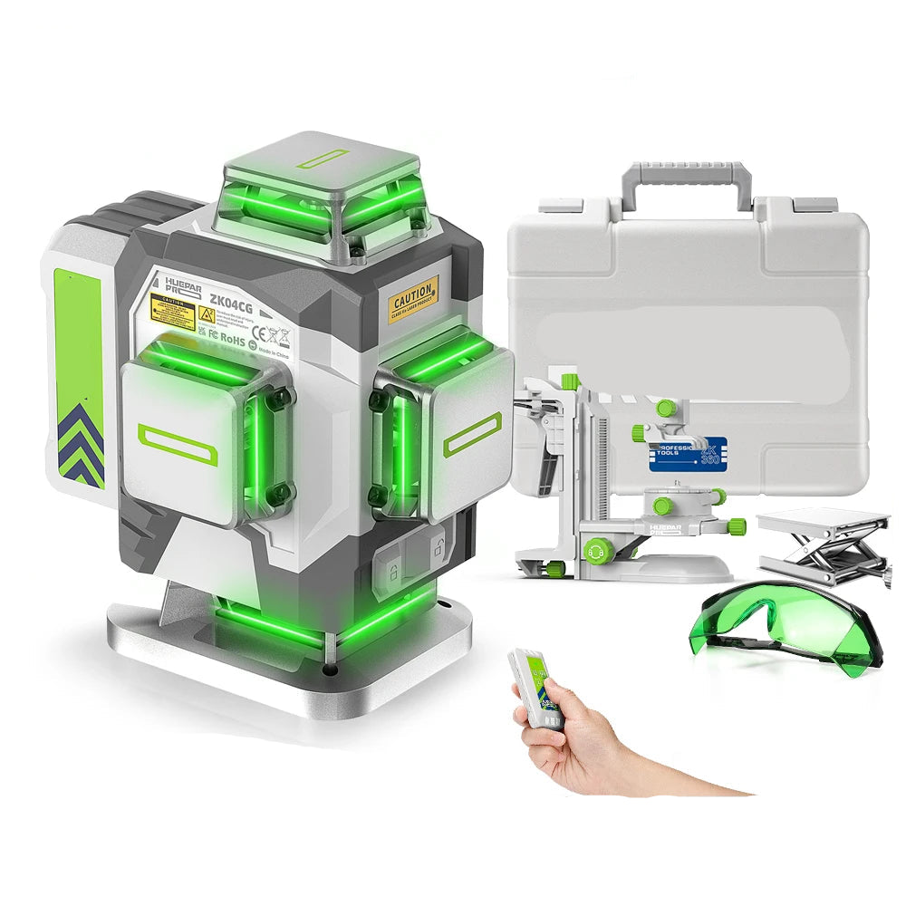 Laser Waterpas – Kruislijnlaser – Bouwlaser – Zelfnivellerend – 4D Lijnen – Green Laser – 8000mAh Accu - QUORE