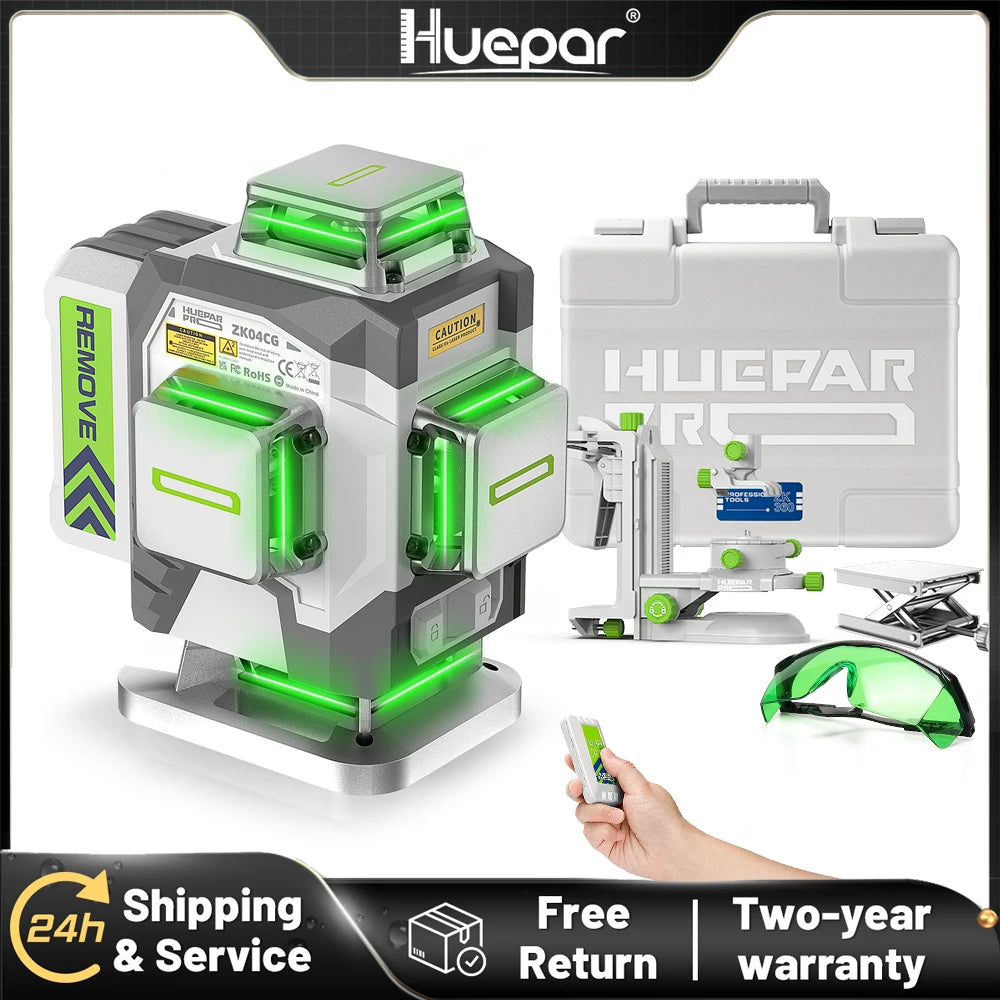 Huepar ZK04CG 16 lines 4D Cross Laser Level 10 Hours Working 8000mAh Li-ion Battery & Bracket & Hard Carry Case & Remote Control - QUORE